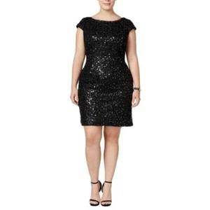 Adrianna Papell Black Sequined Lace Cap Sleeve Cocktail Dress Plus Size 16W - Picture 1 of 19