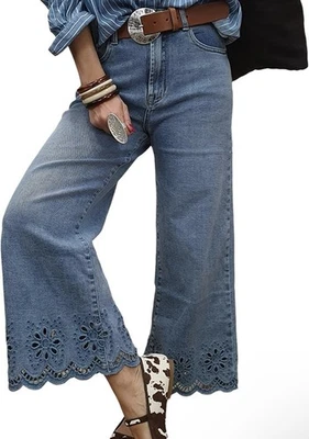 Women's Flare Jeans Stretchy Wide Leg Loose Trendy Raw Hem Cropped Blue Size 16 - Image 1 of 4