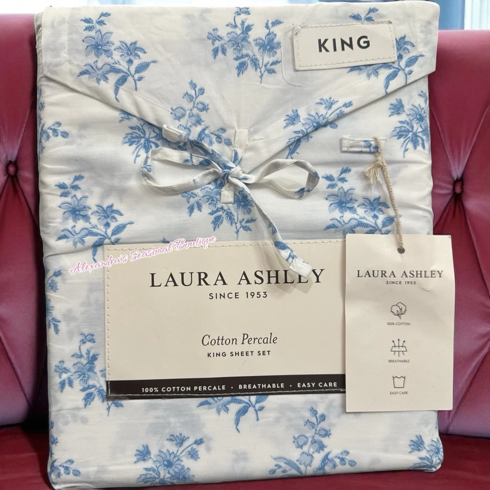 LAURA ASHLEY Victorian Bouquet Blue Floral KING SHEET SET 4P NEW COTTON PERCALE - Image 1 of 4