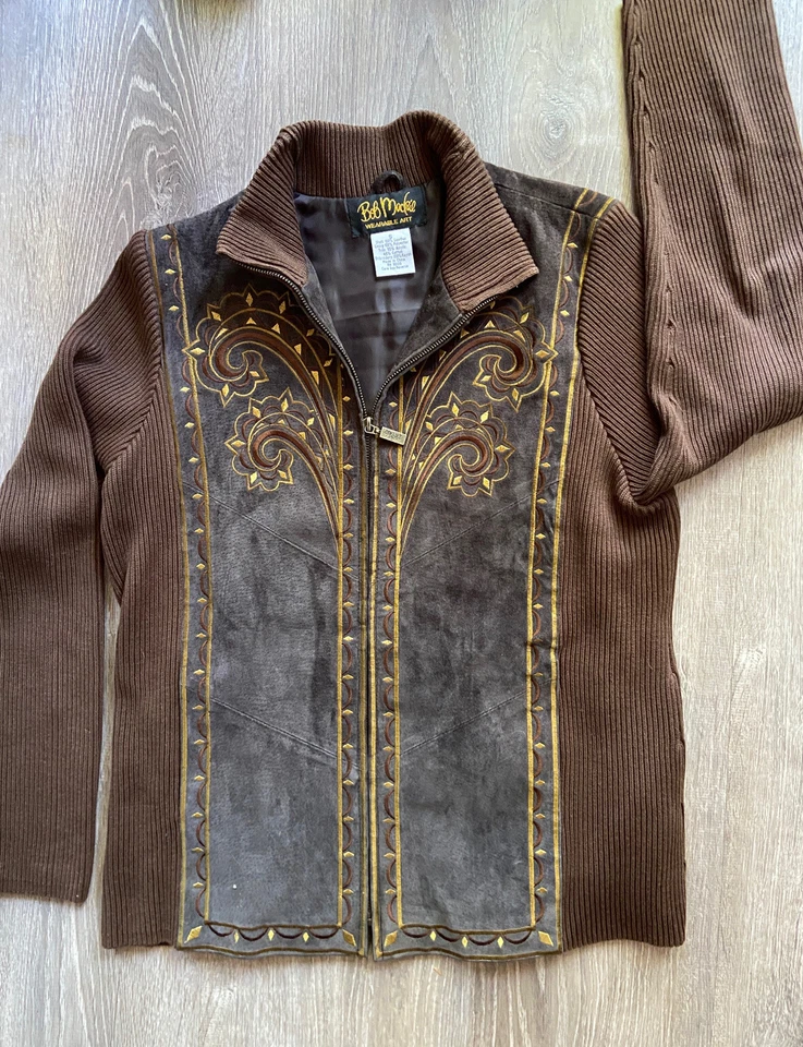 Bob Mackie Art To Wear Chaqueta de Cuero Marrón Talla S Bordada Boho Funky Foto 1 de 4