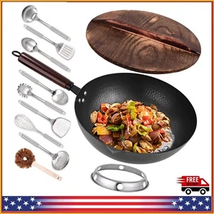 Chinese Wok Pan with Lid and Wooden Handle Carbon Steel Frying Stir Fry Set 10Pc - Picture 1 of 16