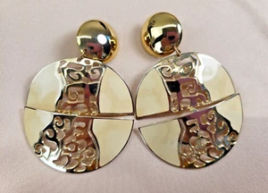 Berebi Cream Enamel Gold Tone Large Round Open Work Dangle Clip-on Earrings - Picture 1 of 8