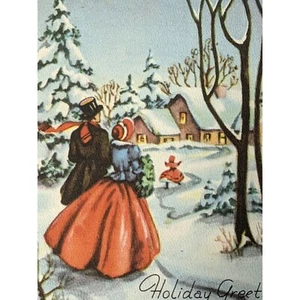1940s Christmas Card Victorian Couple Child Winter Scene Visiting Signed - Picture 1 of 6