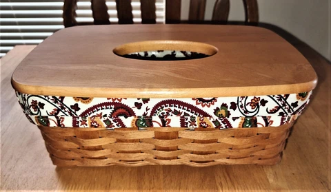2000 Longaberger Long Tissue Basket with Liner, Protector, Lid Cover