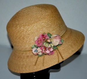 TOUCAN Collection Straw Bucket Hat Pink Flowers Easter Spring 22" Inner Band - Picture 1 of 7