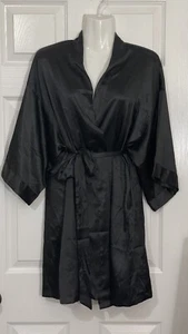Victoria’s Secret Sexy Black Satin Short Kimono Lingerie Robe Bridal M/L Pockets - Picture 1 of 7