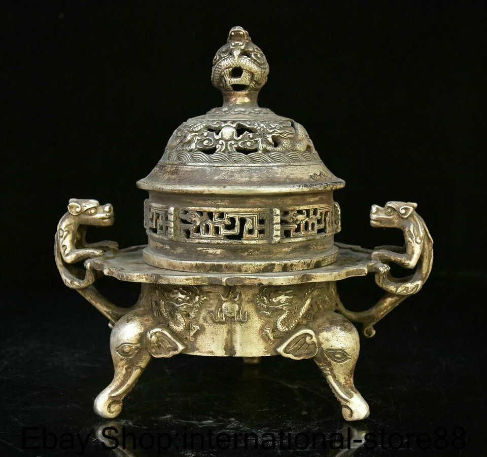 8.2" Marcado Antigua China Plata Talla Dinastía Oreja de Dragón Elefante Pie Censario Foto 1 de 4
