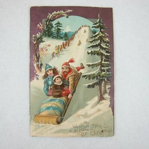 Victorian Trade Card Lion Coffee Woolson Spice Christmas Snow Family Sled RARE - Picture 1 of 12