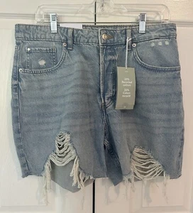 H&M &denim High Rise Deconstructed Bermuda Straight Shorts Loose Fit Size 12 NWT - Picture 1 of 8