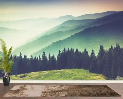 Foggy Mountain Forest Wall Mural. Forest Peel and Stick Wallpaper. #6159 - Image 1 of 4