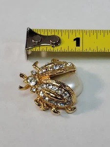 Vintage Gold-Tone Ladybug Beetle Rhinestone Faux Pearl Brooch/Pin - Picture 1 of 11