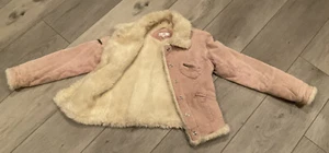 J Lo Pink Corduroy Short Winter Coat Zip Pockets Snap Front Fur Sherpa Look S/M - Picture 1 of 16