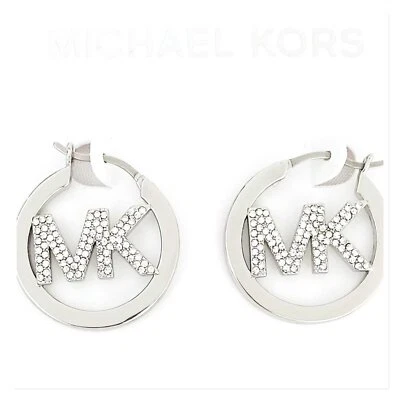 MICHAEL KORS Silver Tone Brass Pave Logo Hoop Earrings MKJ7636040 - Image 1 of 4