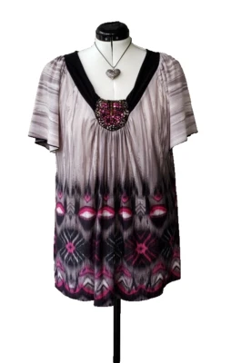 Women’s Essentials 1X Gray and Pink Blouse Top w/ Beads Embellishment Beautiful - Image 1 of 4