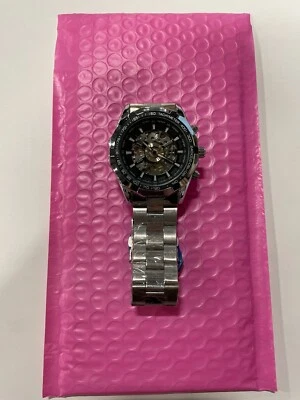 Winner Automatic Skeleton Watch Men Silver Tone Sport Tachymeter  - Image 1 of 3