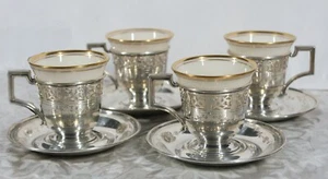 4 SETS OF ORNATE STERLING SILVER W/ LENOX INSERT DEMI / DEMITASSE CUP & SAUCERS - Picture 1 of 13