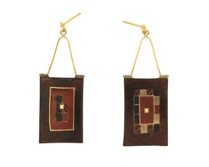 Vintage Modernist Deborah Krupenia 14K Gold Mosaic Drop Rectangle Earrings - Picture 1 of 6
