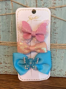 Toddler Hair Bows Pink Blue Butterfly Princess Alligator Clip Set Of 3 #7 - Picture 1 of 3