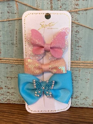 Toddler Hair Bows Pink Blue Butterfly Princess Alligator Clip Set Of 3 #7 - Image 1 of 3