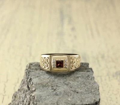 Simulated Garnet Men's Wedding Band Ring 14k Yellow Gold Plated Silver - Image 1 of 4