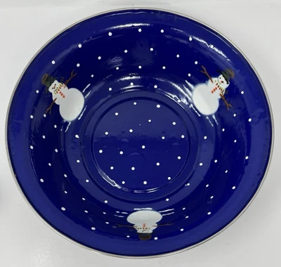 Golden Rabbit II Denise S Harvey Enamelware Christmas Blue Snowman Serving Bowl - Image 1 of 4