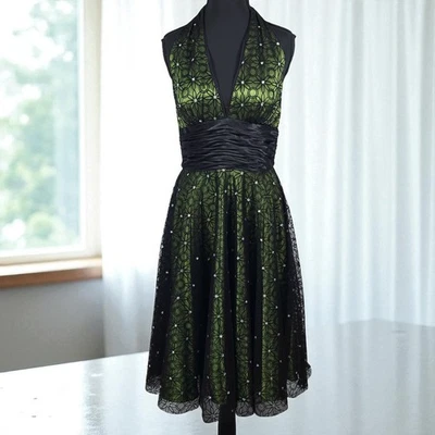Vintage Adrianna Papell Boutique Green Black Lace Halter Dress Size 8 Whimsygoth - Image 1 of 4