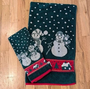 Vintage Bath Towel Set Cecil Saydah Snowmen Christmas Holiday Cotton Soft - Picture 1 of 14
