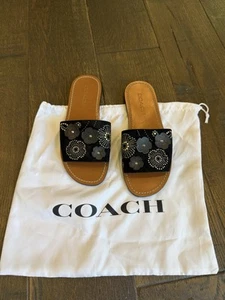 Coach Slide Black Suede Size 7.5 black brown flower sandal - Picture 1 of 9