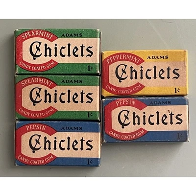 Lote de 5 Chiclets Pepsin Caramelo Recubierto Goma Adam's One Cent Azul Sin Abrir Años 40 Foto 1 de 4