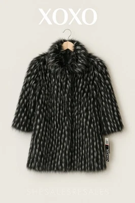 Xoxo искусственного меха пальто животных черный белый печать размер XS лохматый Macys новый с Ярлыками 3/4 рукав - Изображение 1 из 4