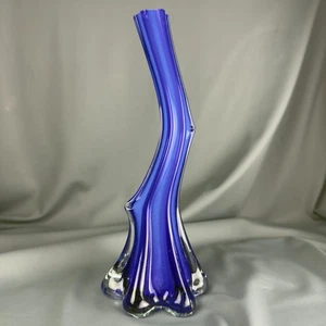 Cobalt Blue White Lined Clear Cased Glass Vase Murano Style Art Glass 8” - Picture 1 of 11