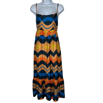 Olivaceous Tie Back Midi Dress Womens Size M Chevron Orange Blue Tiered Boho - Image 1 of 4