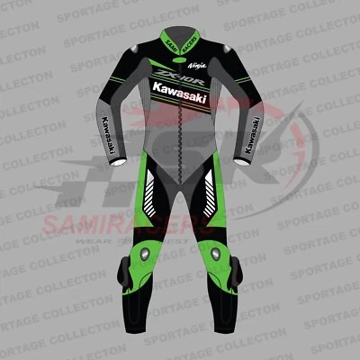 Traje de carreras de cuero para motociclista Kawasaki ZX-10R Racing Team Foto 1 de 4