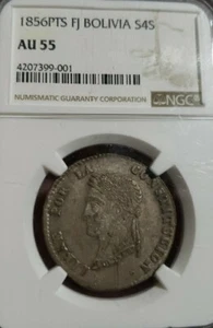  1856-PTS. Bolivia, FJ Silver 4 Soles NGC AU-55. Rare Certified  - Picture 1 of 2