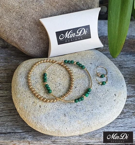 1/20 14K Yellow Gold Filled Bracelets & Matching Earrings With Malachite. - Picture 1 of 7