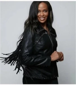 Alberto Makali New York Biker Jacket NWT Cowboy Fringe Black Vegan Leather Sz L - Picture 1 of 12