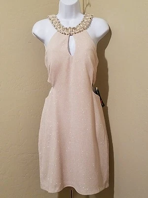 New TEEZE ME Prom Short Halter Dress Gold & Ivory Rhinestones Size 13 / 14 $79 - Image 1 of 4