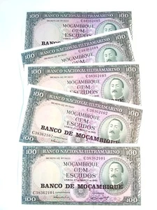 Mozambique 100 Meticai, 1961, UNC ( X 50 PCS) from bundle bank notes - Picture 1 of 6