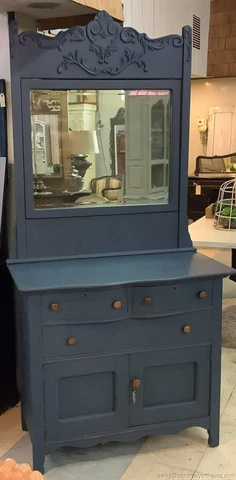Antique Painted Blue Oak Tall Wash Stand w Mirror Dresser Cabinet Storage Cover