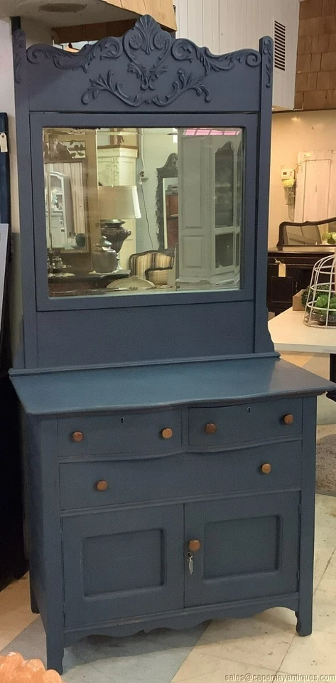 Antiguo soporte de lavado alto de roble azul pintado con espejo tocador armario almacenamiento Foto 1 de 4