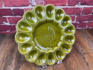 Vtg California CALIF USA #529 GREEN CERAMIC 10 1/4” Deviled EGG PLATE w/ ROOSTER - Picture 1 of 13