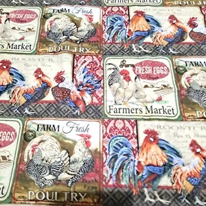 Farmers Market Roosters & Eggs Cotton Fabric 26" X 44" Jean Plout Quilting  - Picture 1 of 7