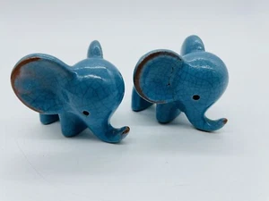 Vintage Walter Bosse Small Blue Elephant Figurines Maiolica Pottery Repaired Ear - Picture 1 of 5