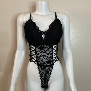 Black mesh strappy crisscross removable pads lace teddy bodysuit - Picture 1 of 10