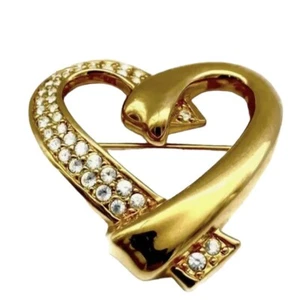 Swarovski Brooch Open Heart Pin Gold Plated Paved Clear Crystals Retired Women - Picture 1 of 6