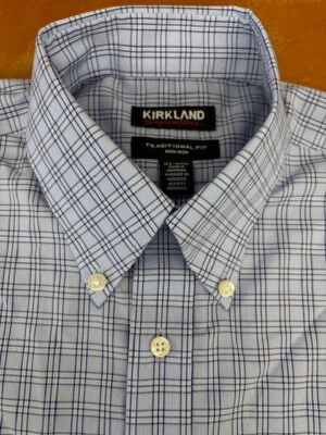 KIRKLAND MEN'S TRADITIONAL FIT NON IRON PLAID DRESS SHIRT(BLUE , 15.5 32/33)NWOT - Image 1 of 3