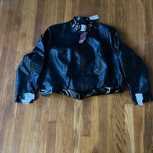 The Batman Black Leather Pleated Collared Long Sleeve Biker Jacket Size 3Womens - Picture 1 of 6