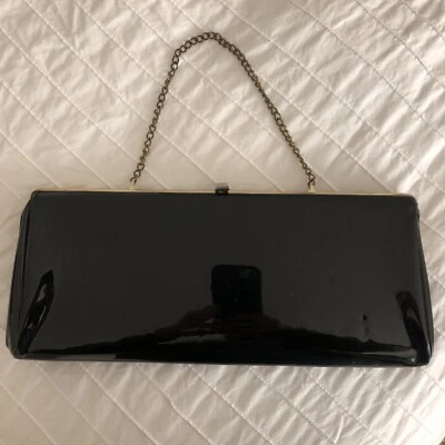 Vintage 50s-60s Black Patent Evening Clutch Bag Brass Clasp, Frame & Chain - Image 1 of 4