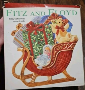 Fitz & Floyd Teddy's Christmas Sleigh Ceramic Plate Dish w Original Box Retired - Picture 1 of 6