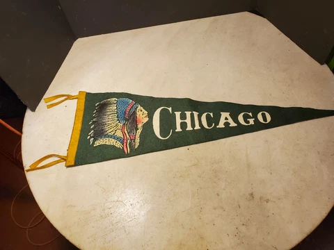 Antique CHICAGO Blackhawks Pennant Felt Very Colorful Indian Art Large 27" Cover